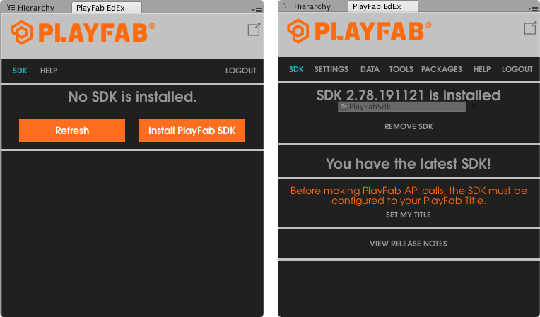 install playfab sdk, installed version of sdk