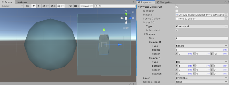 shapeconfig for a compound collider in the entity prototype script as shown in the unity editor