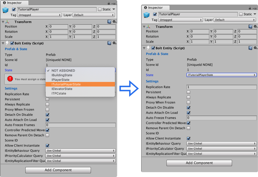 select the new state *itutorialplayerstate* to be used by the *tutorialplayer* prefab