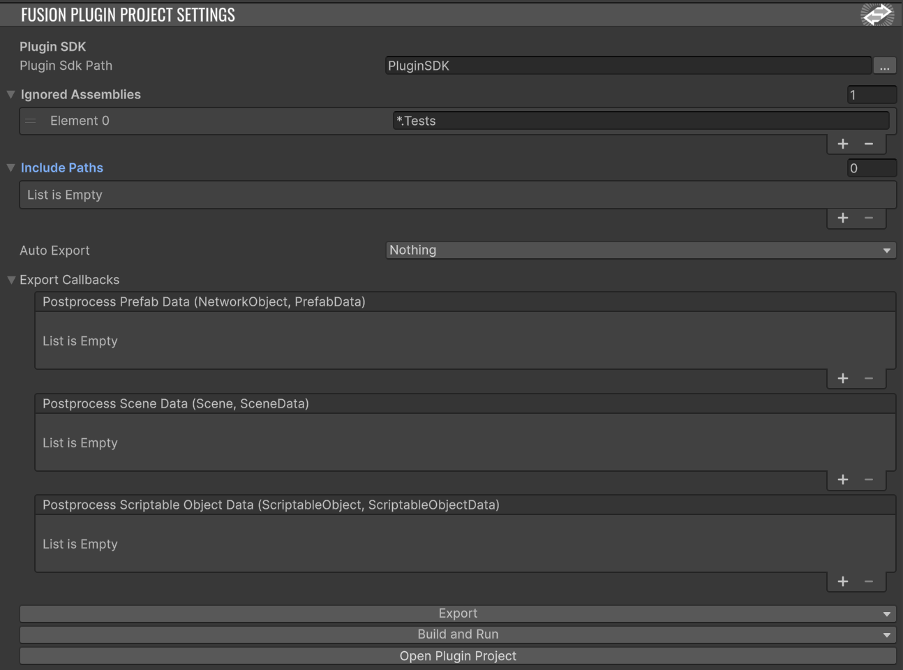 FusionPluginProjectSettings inspector — tour of the controls covered in this section