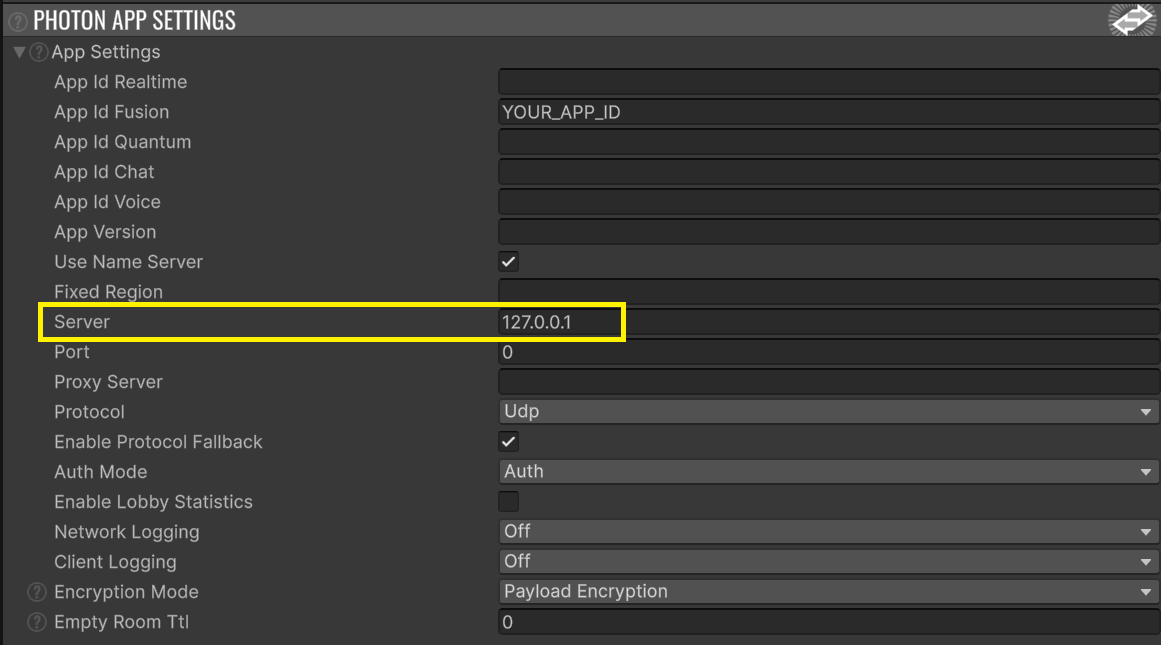 PhotonAppSettings configured for the local server