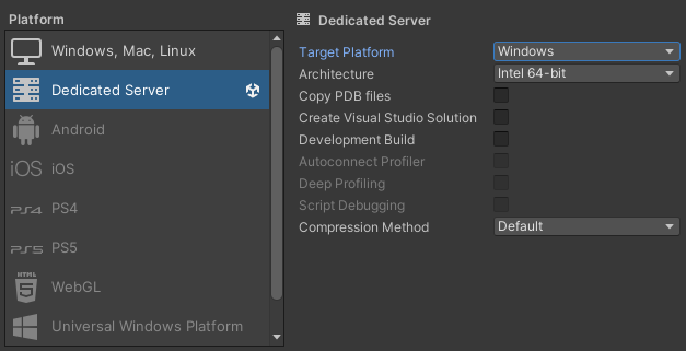 Dedicated Server Build Platforms in Unity Build Settings