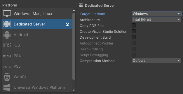 dedicated server build platforms in unity build settings