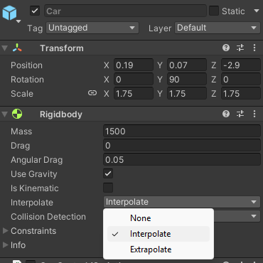 Setting the interpolation mode of the rigid body to Interpolate