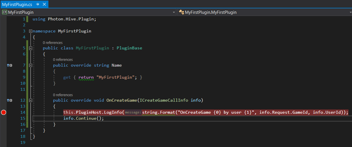 breakpoint in myfirstplugin.oncreategame