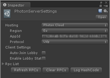 photonserversettings in inspector