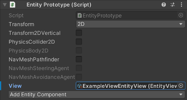 linking an entity prototype with a separate entity view asset