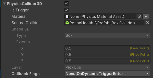 setting physics callbacks via the entity prototype's physics properties in the unity editor