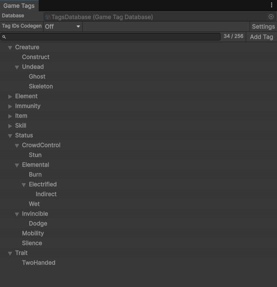 The Game Tags window, where the project's tag tree is edited.