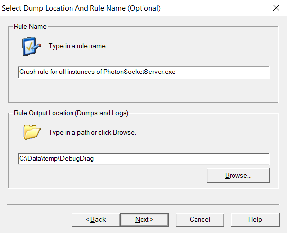 select dump location and rule name