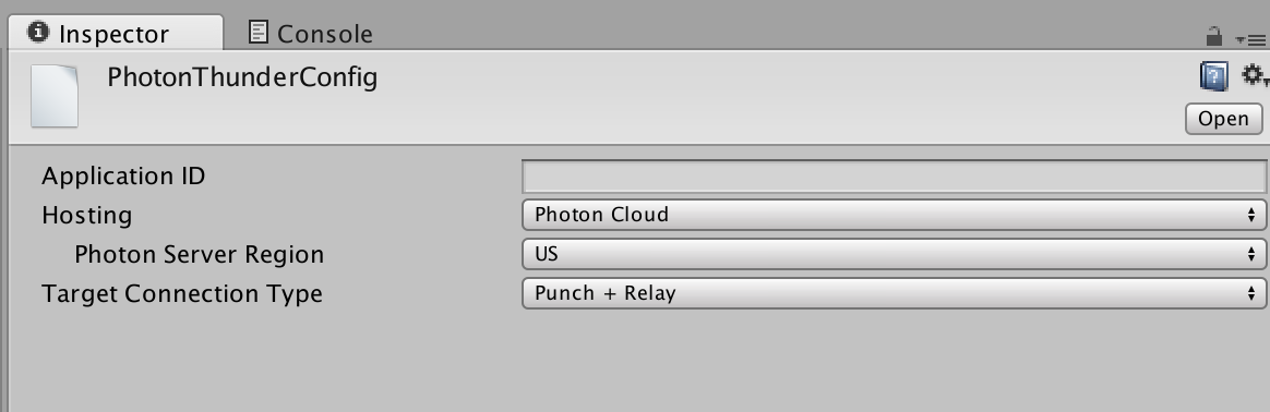 photon thunder configuration in the inspector view