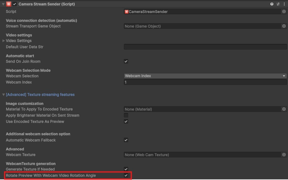CameraStreamSender Sender component